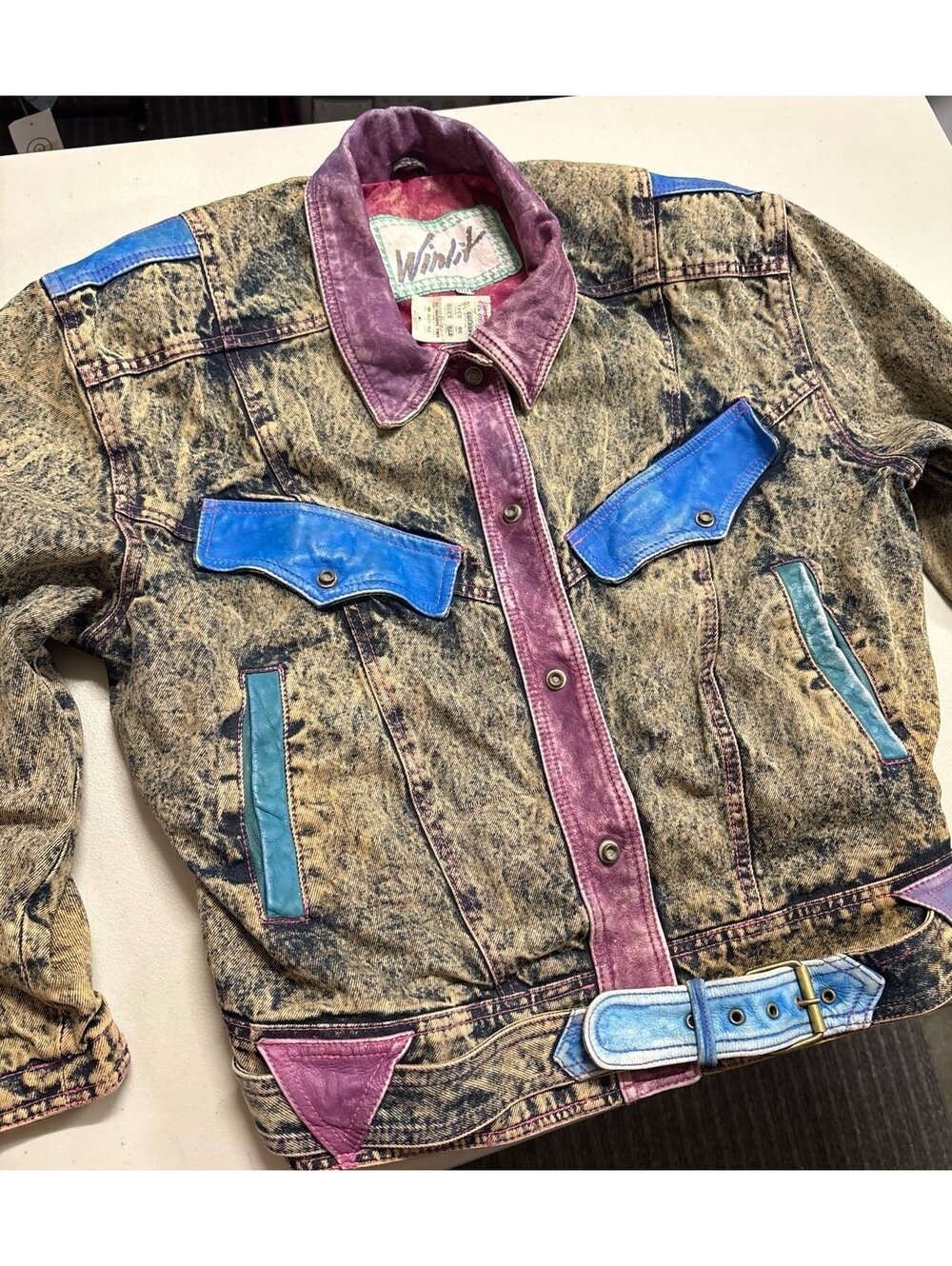 Vintage 80s 90s Winlit NWT Deadstock Acid Wash Denim Jacket Leather Trim Medium